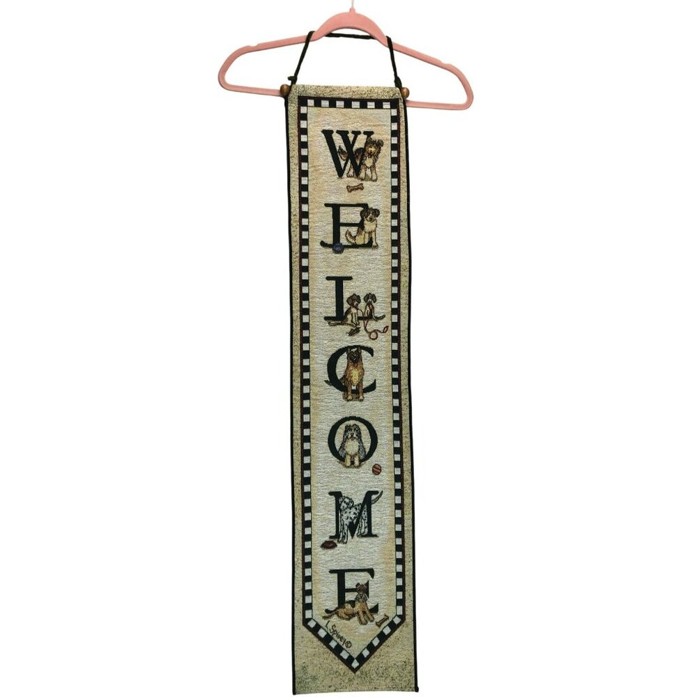 Linda Spivey Welcome Sign Tapestry Art Dogs Vtg 90s Wall Hanging Entrance